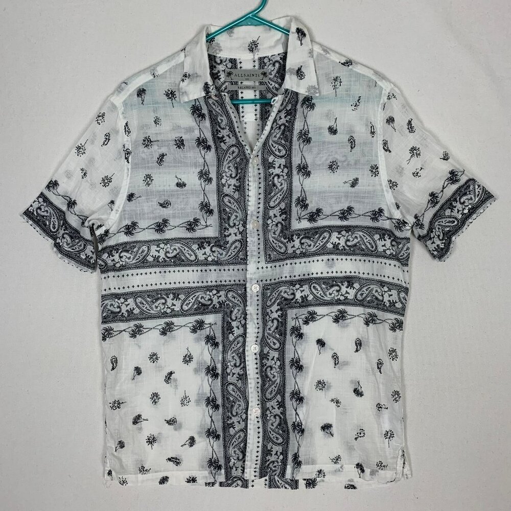 All Saints Men's Pima Short-Sleeve Button-up Shirt Bandana Pattern XS White
